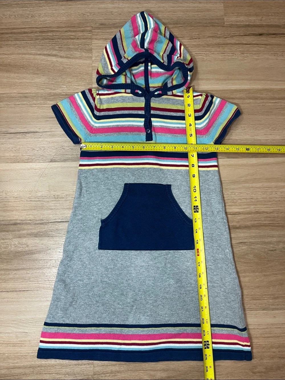 Hanna Andersson 2009 Gray Hooded Knit 100% Cotton Dress Multicolor Stripes 120